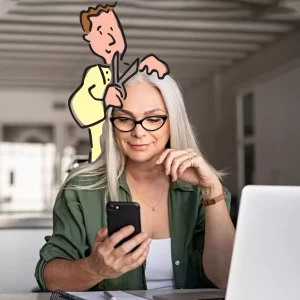 Cartoon character with photo of woman
