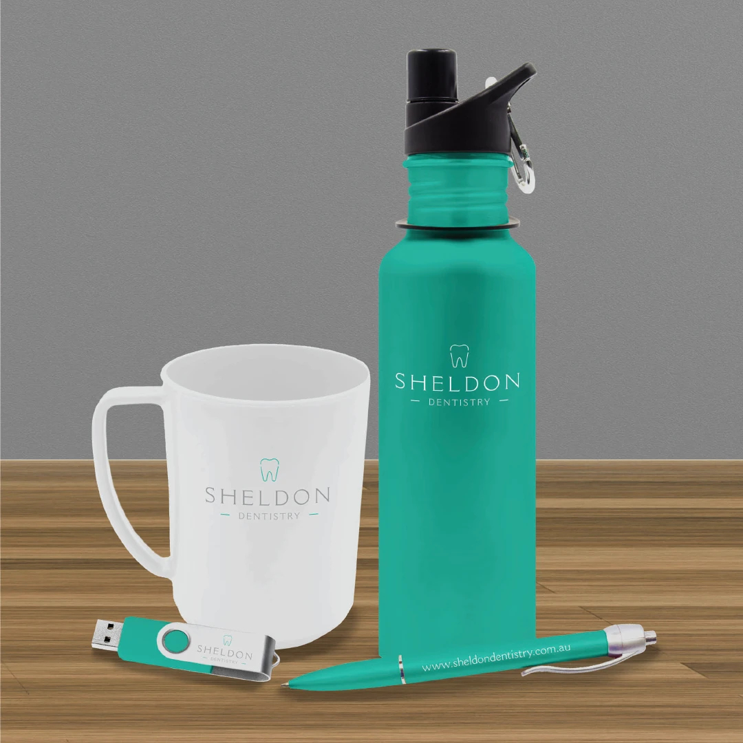 Branded merchandise drinkware and pens