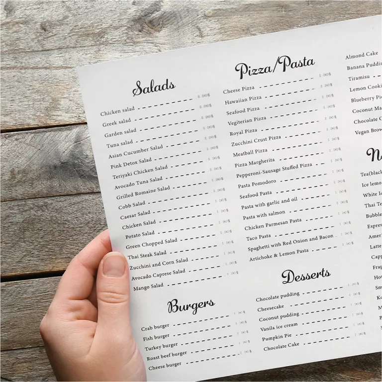 Printed menu for food company
