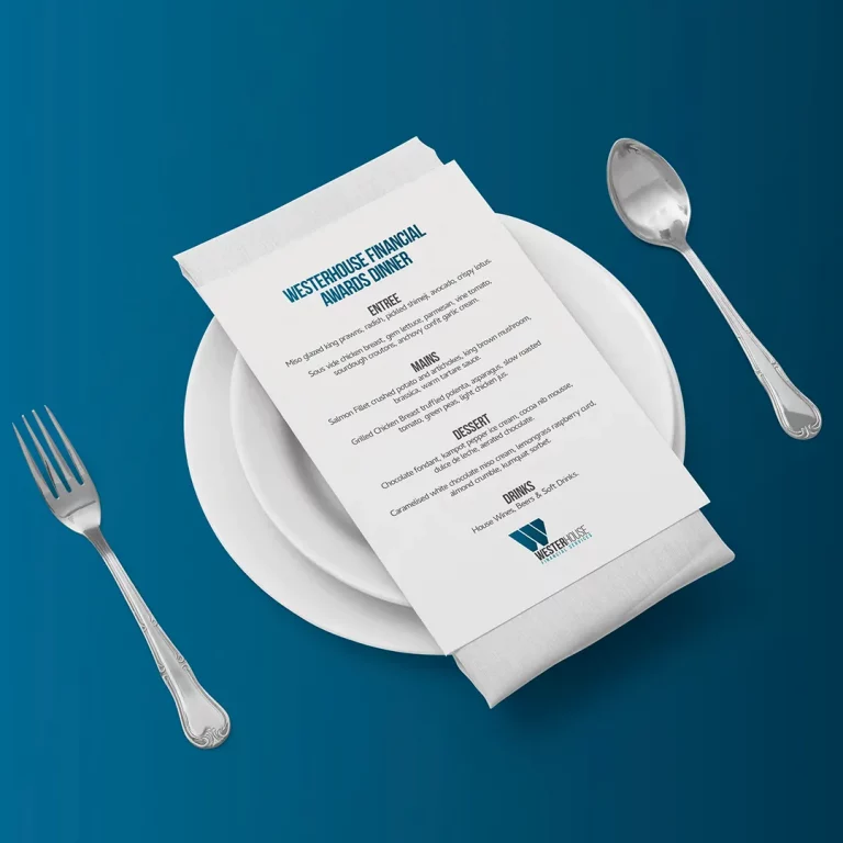A5 printed menu on dinner plate