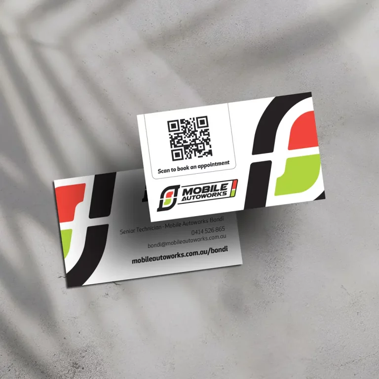Mobile autoworks business card with a QR code to book an appointment