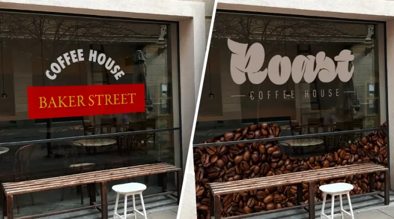 Before and after signage for a coffee shop