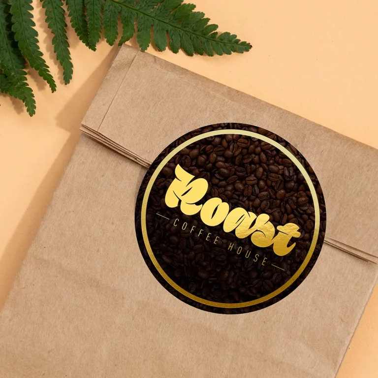Foiled round sticker on coffee bag